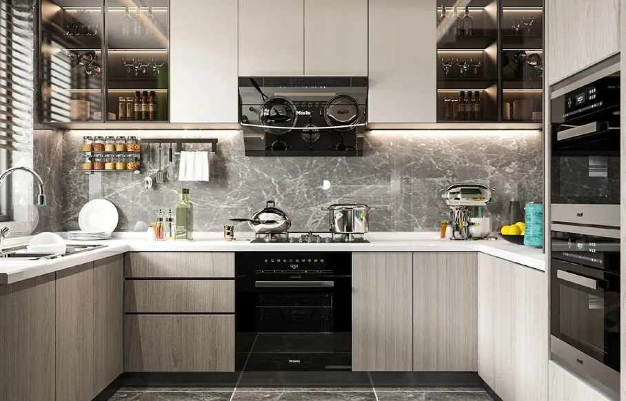 Island kitchen design with breakfast bar seating and pendant lighting, Oahu showroom
