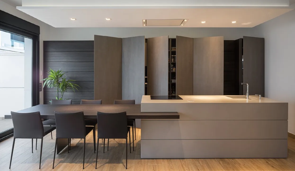 Contemporary kitchen design featuring a stone backsplash and matte finishes, Kapolei showroom display