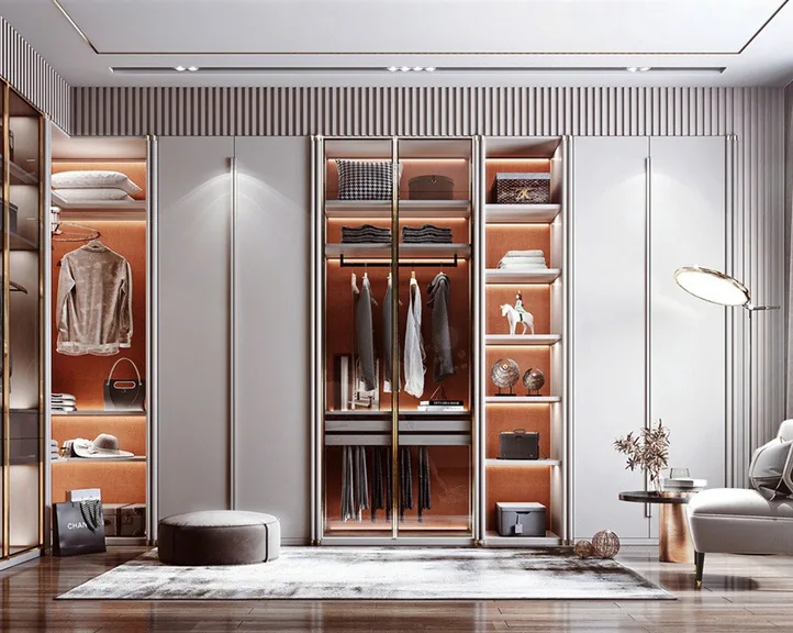Custom bedroom storage with matte and wood-grain finishes, Kapolei showroom display