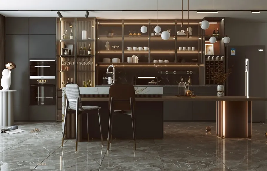 Modern custom kitchen with quartz waterfall island and integrated appliances, Oahu showroom