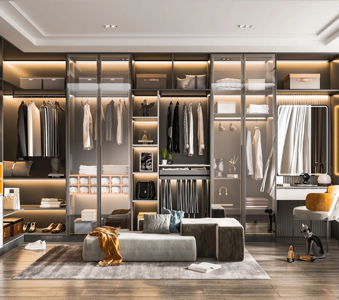Closet organization system with island and seated dressing area, Hawaii residence