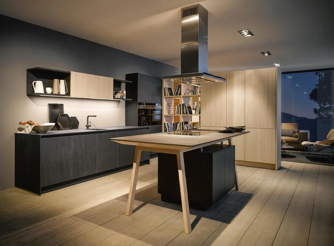 Two-tone kitchen cabinets with built-in wine storage and display shelving, Kapolei showroom display